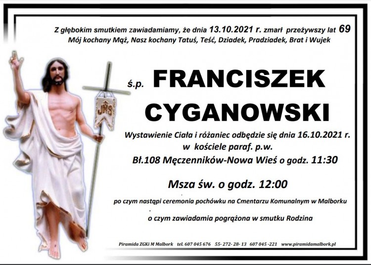 Zmarł Franciszek Cyganowski. Żył 69 lat.