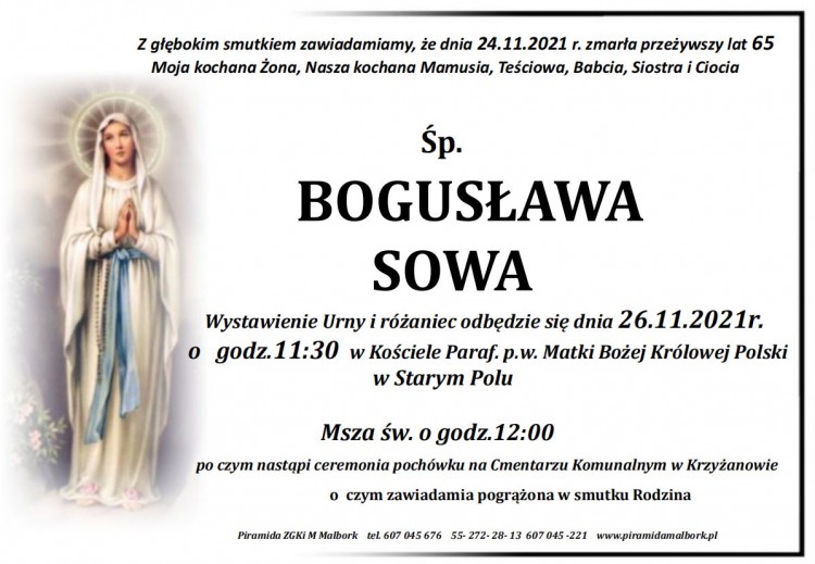 Zmarła Bogusława Sowa. Żyła 65 lat.