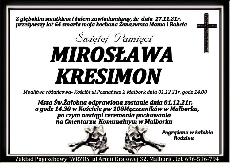 Zmarła Mirosława Kresimon. Żyła 64 lata.