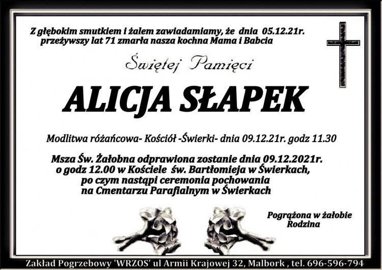 Zmarła Alicja Słapek. Żyła 71 lat.
