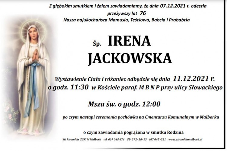 Zmarła Irena Jackowska. Żyła 76 lat.