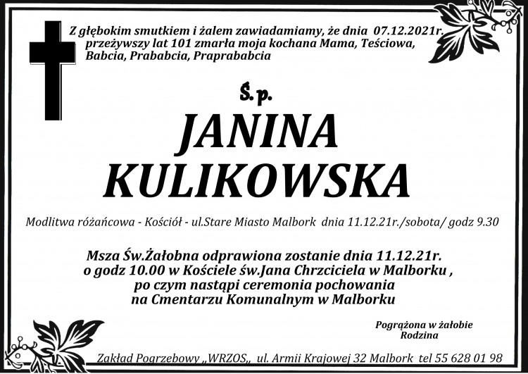 Zmarła Janina Kulikowska. Żyła 101 lat.