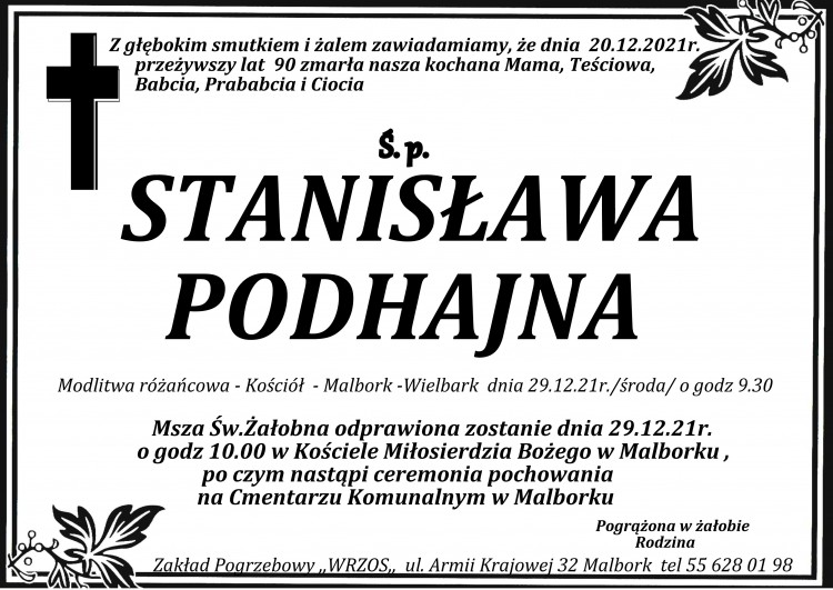 Zmarła Stanisława Podhajna. Żyła 90 lat.