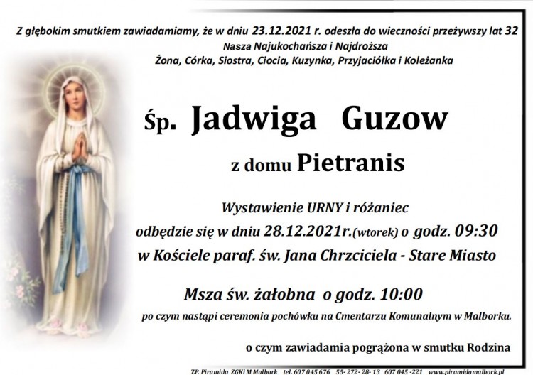 Zmarła Jadwiga Guzow z d. Pietranis. Żyła 32 lata.