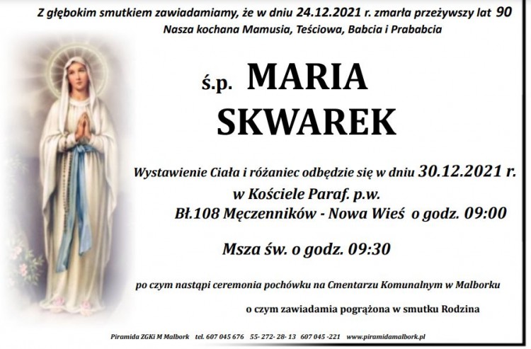 Zmarła Maria Skwarek. Żyła 90 lat.