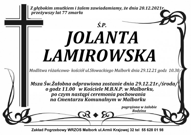 Zmarła Jolanta Lamirowska. Żyła 77 lat.