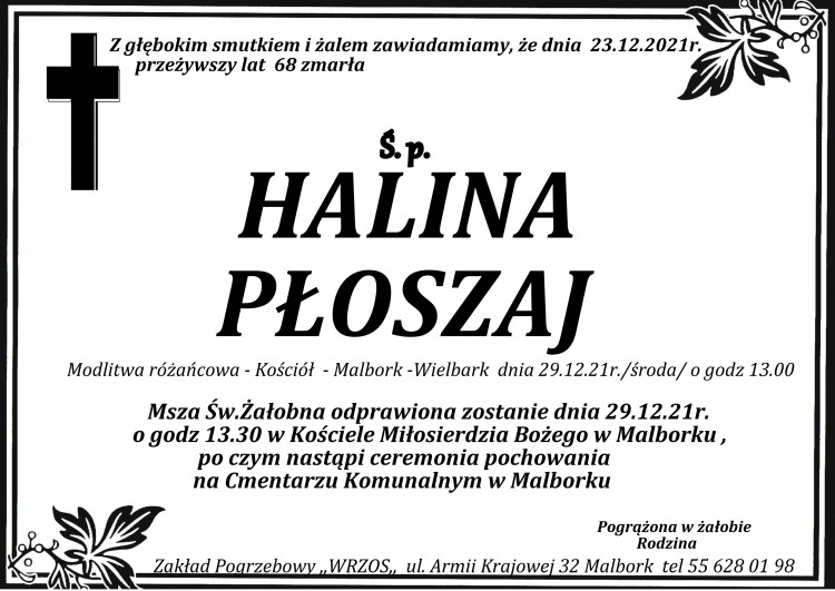 Zmarła Halina Płoszaj. Żyła 68 lat.