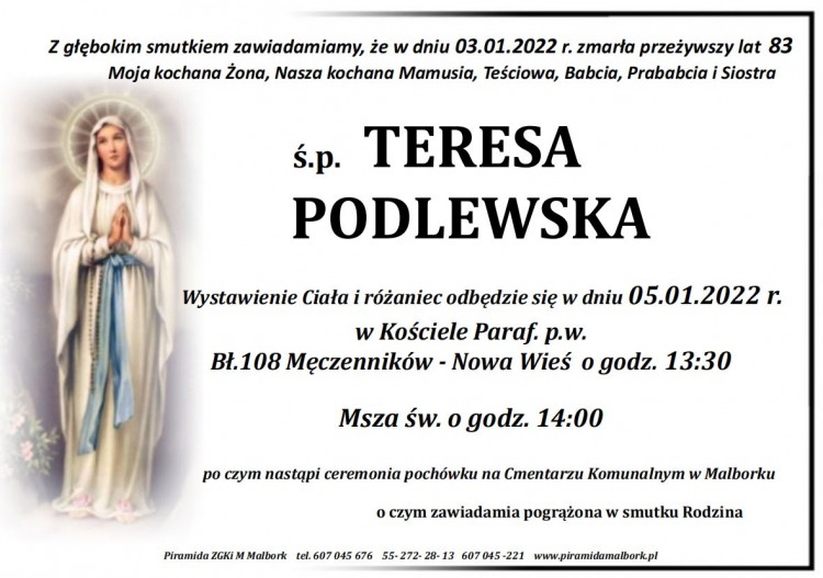 Zmarła Teresa Podlewska. Żyła 83 lata.