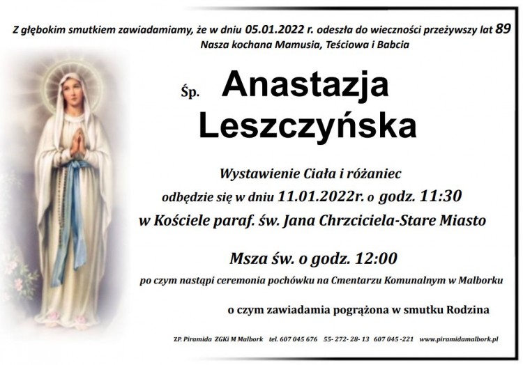 Zmarła Anastazja Leszczyńska. Żyła 89 lat.