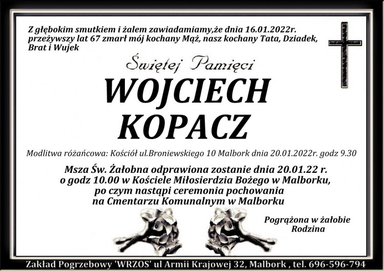 Zmarł Wojciech Kopacz. Żył 67 lat.