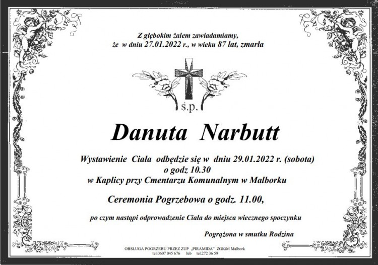 Zmarła Danuta Narbutt. Żyła 87 lat.