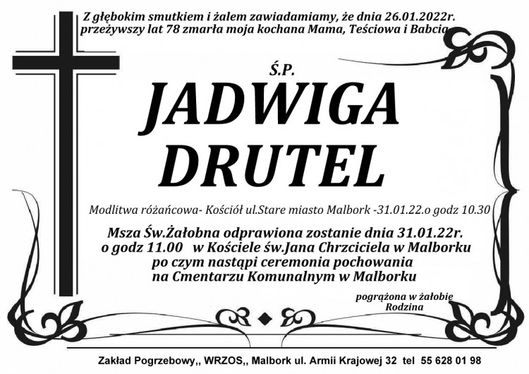 Zmarła Jadwiga Drutel. Żyła 78 lat.