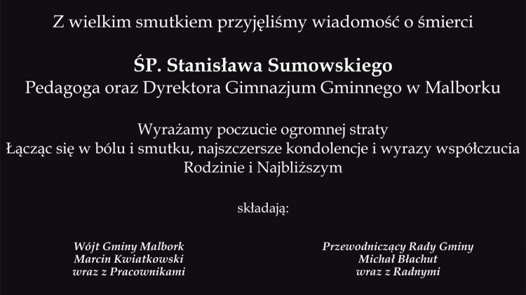 Kondolencje Wójta Gminy Malbork wraz z pracownikami oraz Przewodniczącego&#8230;