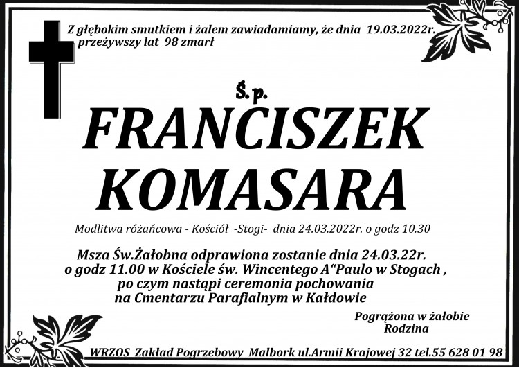 Zmarł Franciszek Komasara. Żył 98 lat.