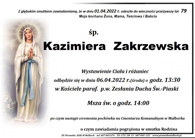 Zmarła Kazimiera Zakrzewska. Żyła 79 lat.