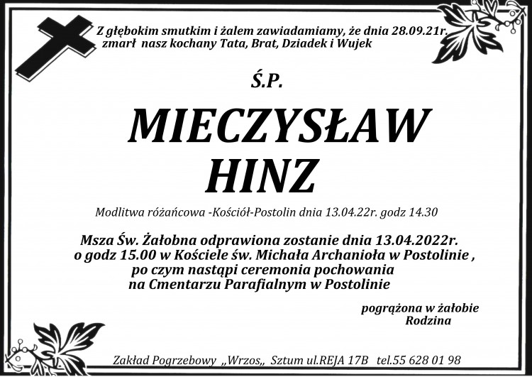 Zmarł Mieczysław Hinz.