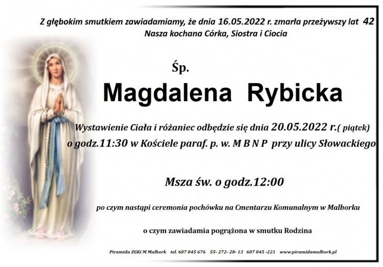 Zmarła Magdalena Rybicka. Żyła 42 lata.