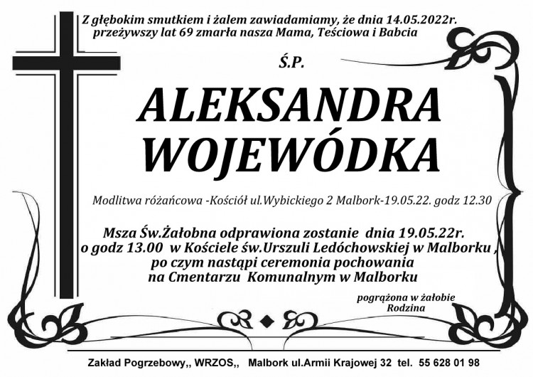 Zmarła Aleksandra Wojewódka. Żyła 69 lat.