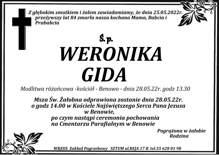 Zmarła Weronika Gida. Żyła 84 lata. 