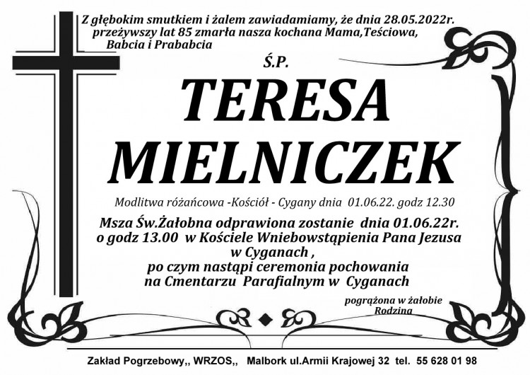 Zmarła Teresa Mielniczek. Żyła 85 lat.