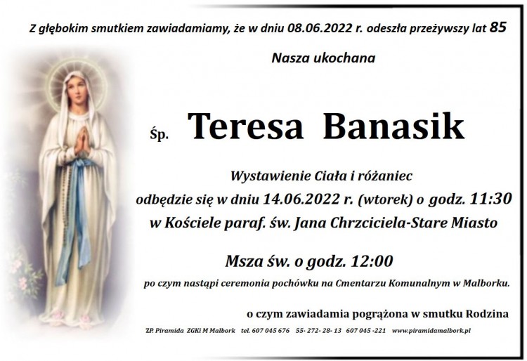 Zmarła Teresa Banasik. Żyła 85 lat.