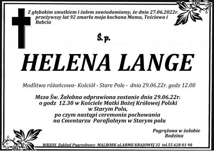 Zmarła Helena Lange. Żyła 92 lata.