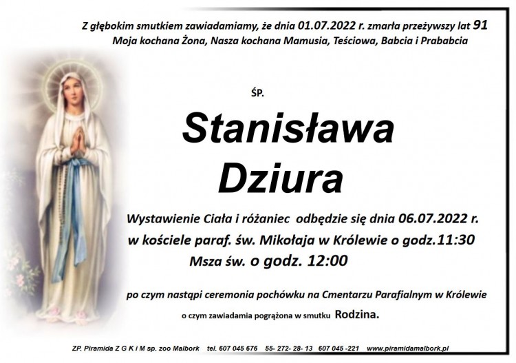 Zmarła Stanisława Dziura. Żyła 91 lat.