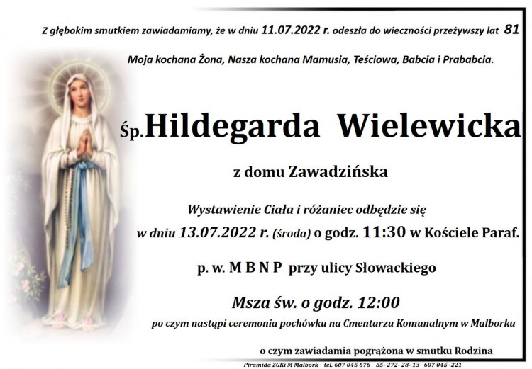 Zmarła Hildegarda Wielewicka. Żyła 81 lat.