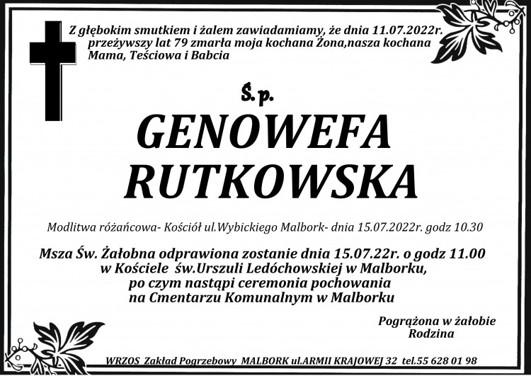 Zmarła Genowefa Rutkowska. Żyła 79 lat.