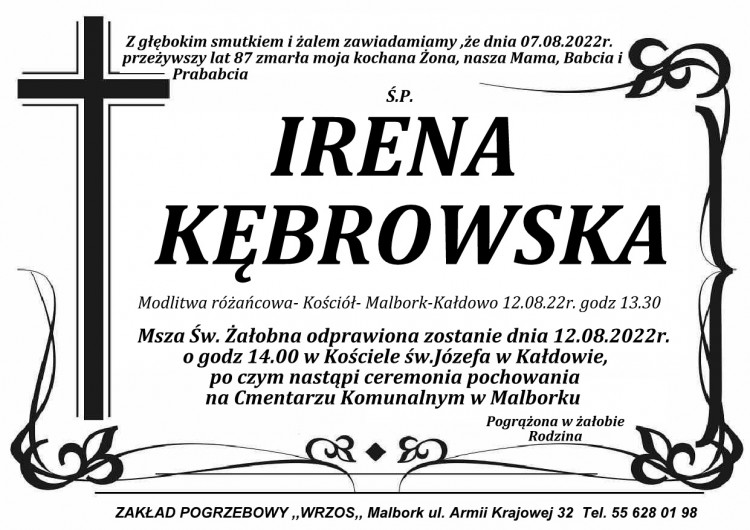 Zmarła Irena Kębrowska. Miała 87 lat.