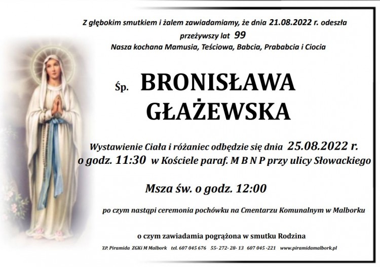 Zmarła Bronisława Głażewska. Miała 99 lat.