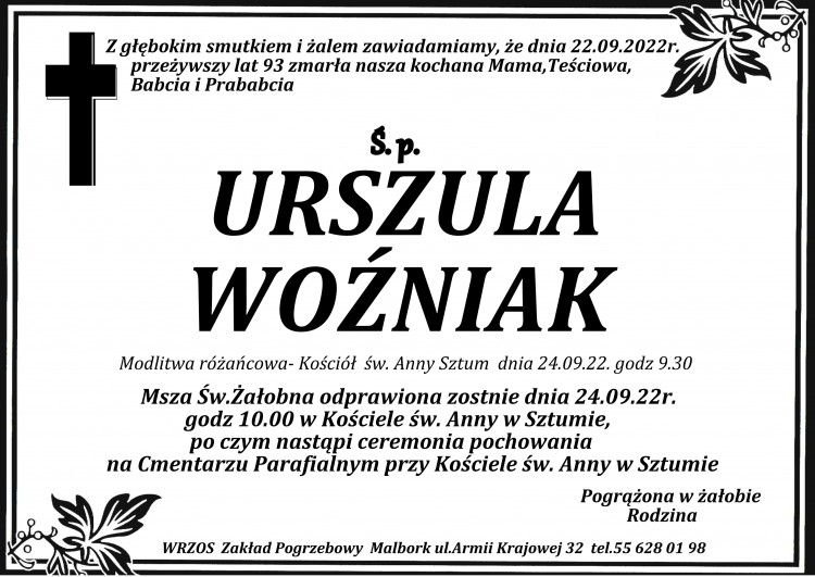 Zmarła Urszula Woźniak. Miała 93 lata.