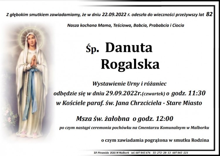Zmarła Danuta Rogalska. Żyła 82 lata.
