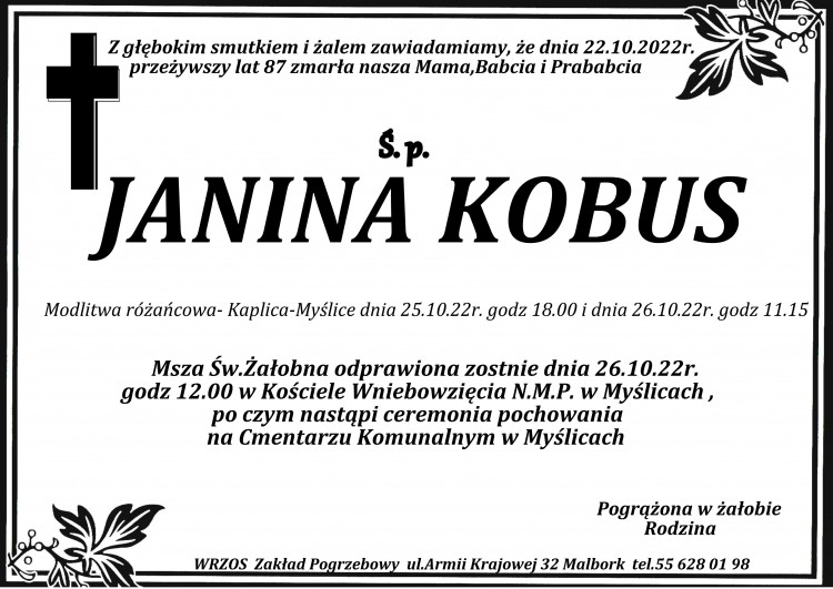 Zmarła Janina Kobus. Żyła 87 lat.