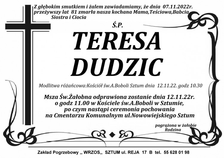 Zmarła Teresa Dudzic Żyła 81 lat. 