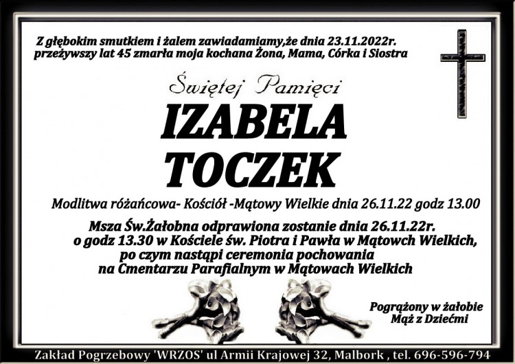 Zmarła Izabela Toczek. Miała 45 lat.