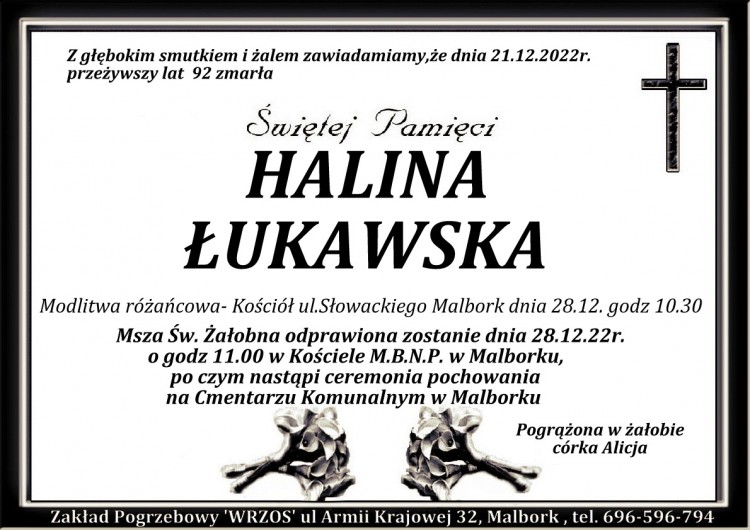 Zmarła Halina Łukawska. Żyła 92 lata.