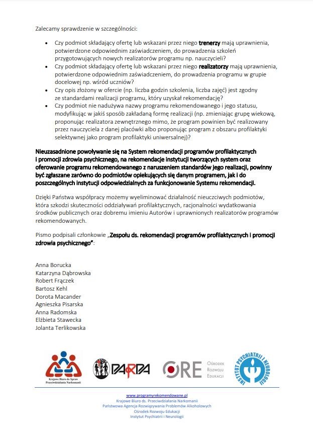 Komunikat „Zespołu ds. rekomendacji programów profilaktycznych i promocji zdrowia psychicznego” w sprawie nieuprawnionych realizacji programów rekomendowanych.