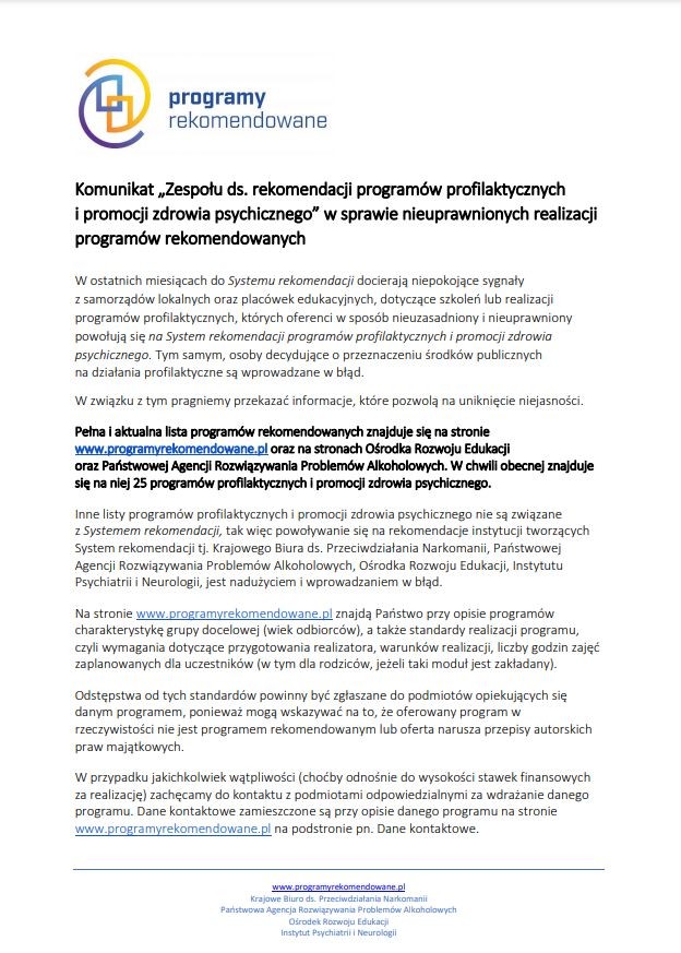 Komunikat „Zespołu ds. rekomendacji programów profilaktycznych i promocji zdrowia psychicznego” w sprawie nieuprawnionych realizacji programów rekomendowanych.